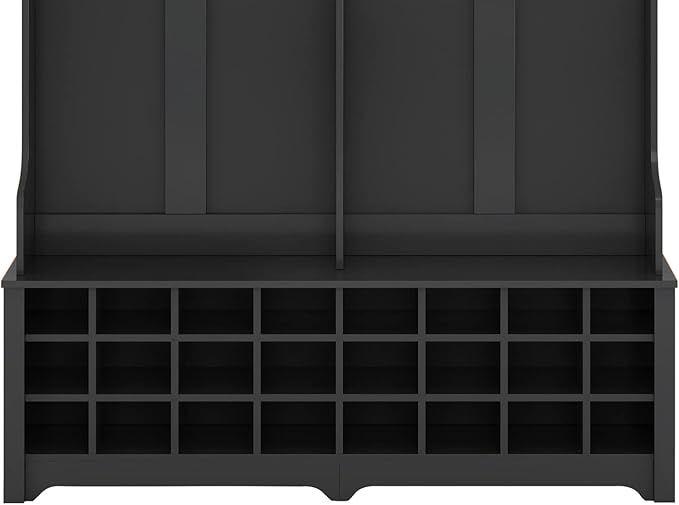 Wide Hallway Coat Rack Hall Tree with Shoe Storage Rack, 24 Cubes 6 Hooks and 3 Top Shelves, Large Storage Bench for Entrance, Enterway (Black)