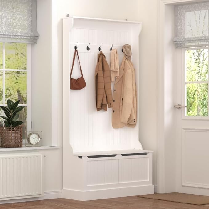 Hall Tree with Bench and Shoe Storage, Entryway Organizer with 5 Hooks, Cushioned Mudroom Storage Benchs with Coat Rack for Hallway and Living Room, White