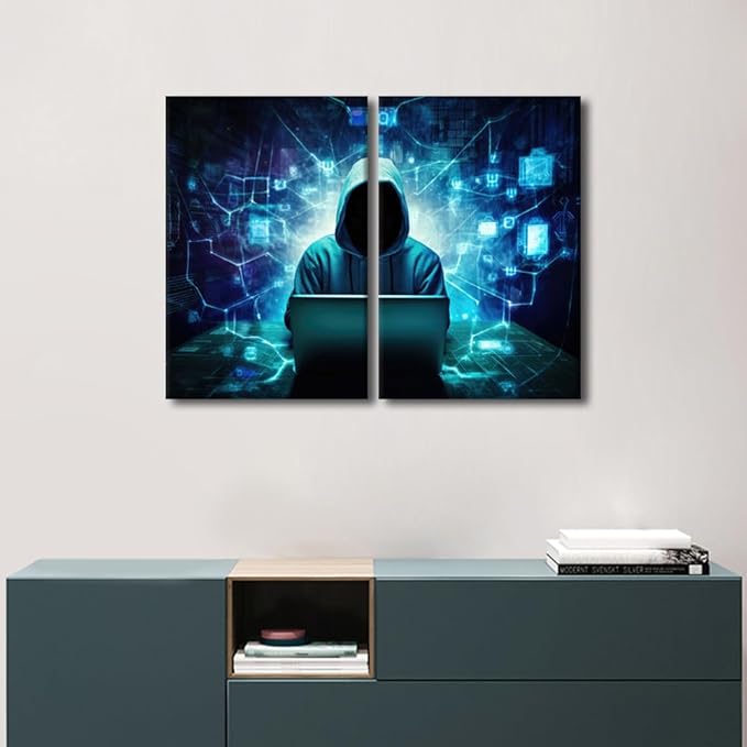 TUMOVO 3 Pieces Wall Art AI Big Data on Canvas Art Prints Hacker Malware Paintings Modern Home Decor Artwork Minimalism Picture Giclee Print for Modern Home Decor, 24" Wx16 H