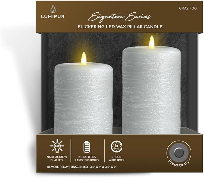 LumiPur Signature Natural Glow Flameless Wax Pillar 2 Pack LED Candle 3.5" x 5" and 3.5" x 7" Gray Fog