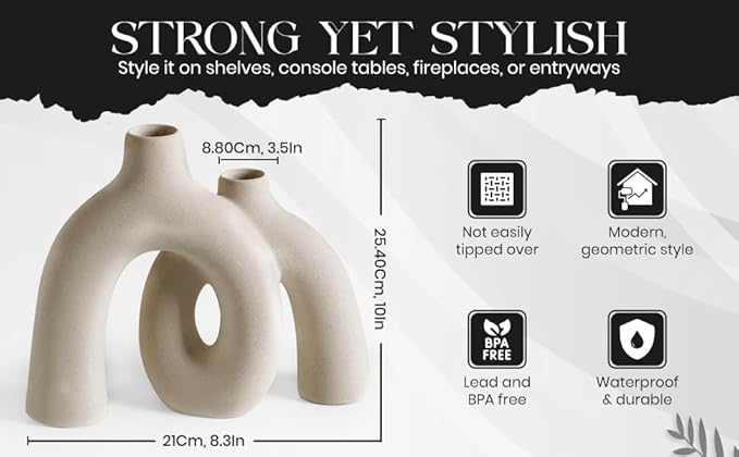 Ceramic Hug Vase (Creamy White) Modern Donut Style Hugging Vases for Flowers Minimalist Decor – Hollow Ceramic Waterproof Home Decor Vases for Living Room, Bed Room, Book Shelf, Entryway, Table