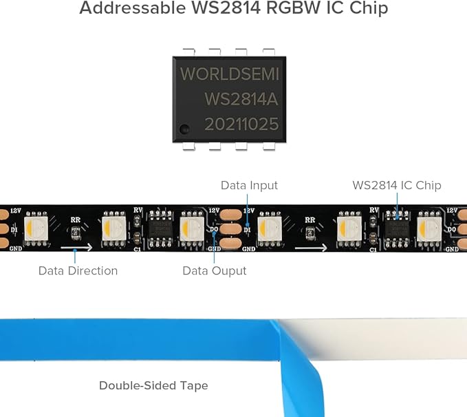 BTF-LIGHTING WS2814 IC RGBW RGB+Cool White (Similar WS2812B) Addressable DC12V 16.4FT 60LED/m 20pixel/m Flexible 4 Colors in 1 Dream Color LED Strip IP30 for Home Decor (No Adapter or Controller)
