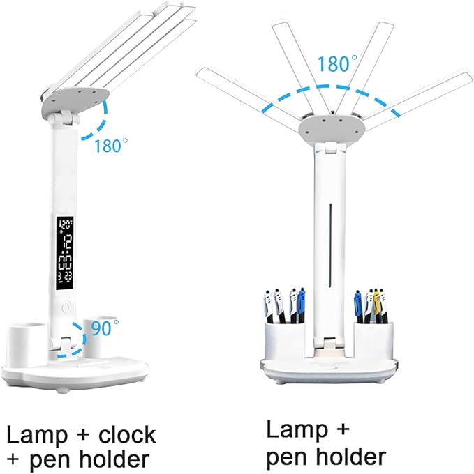 Led Desk Lamp with Clock Foldable Study Lamp 3 Lighting Modes Table Lamp Dimmable Eye Caring Reading Lamp for Home Office College Dorm Bedroom Bedside