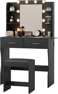 Vanity Desk with Mirror & Light, Makeup Vanity Table with Power Strip, Hair Dryer Holder & 2 Drawers & 3 Open Shelves, 3 Lighting Modes Adjustable Brightness, Dressing Table Set, Black