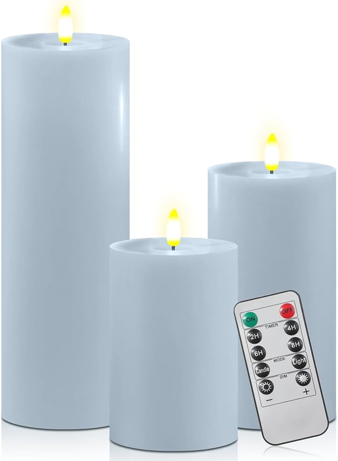 Retisee 3 Pcs Winter Light Blue Large Flameless LED Candles with Remote Spring Battery Operated Flickering Pillar Candles for Indoor Outdoor Party Wedding Light Decor(6''/8''/12''x4'')