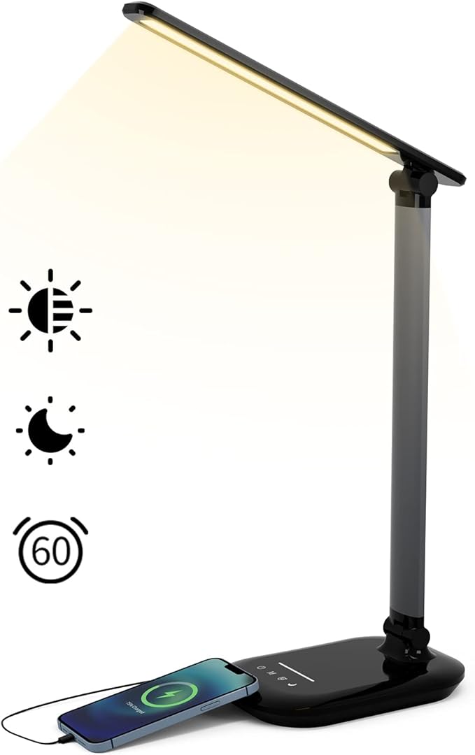 LED Desk Lamp, Black, Rectangular, Tabletop, Indoor, LED, USB Charging, Eye Care, 5 Color Modes, 5 Brightness Levels, 1H Timer, Night Light, Foldable Design