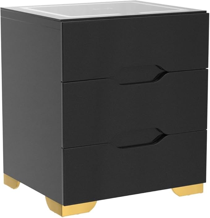 Black Smart Nightstand with Wireless Charging Station & USB Charging, High Gloss Smart Bedside Table with Adjustable LED Lights, End Table Organizer for Bedroom Living Room Office Use