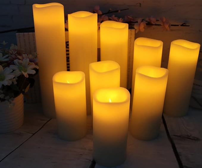 antizer Flameless Candles Led Candles Pack of 9 (H 4" 5" 6" 7" 8" 9" x D 2.2") Real Wax Battery Candles with Remote Timer for Home Fireplace Decor Wedding Festival Decor (Ivory 9 Pack)