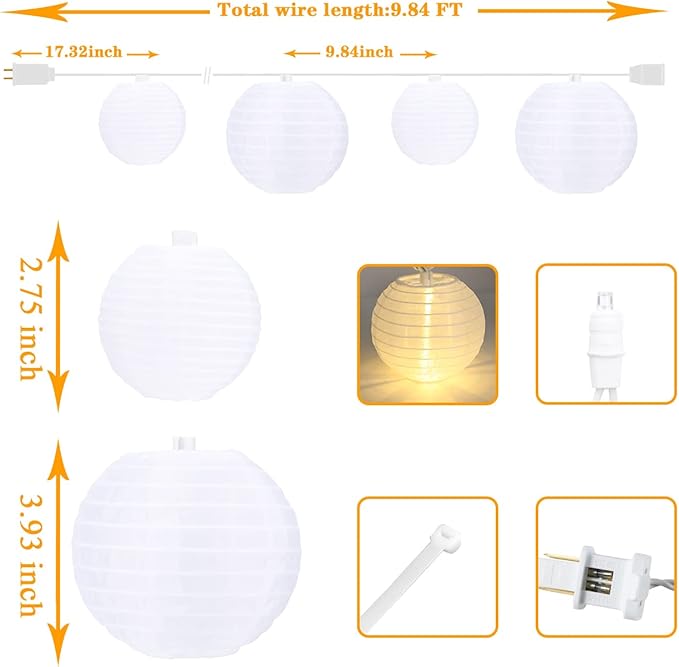 Vigdur White Lantern String Lights - Large and Small Hanging Nylon Lantern Lights Plug in for Indoor Bedroom Party Outdoor Patio Backyard Use,9.84FT