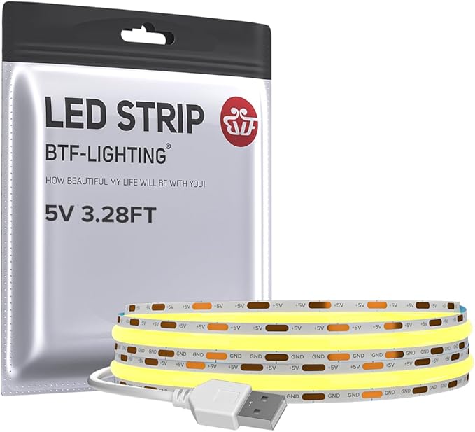 BTF-LIGHTING FCOB USB Powered Warm White 3000K COB LED Strip Lights 3.28FT 320LEDs 5V 8mm Width 90+ High CRI Ultra Bright Flexible Light for 3D Printer TV Backlight Display Cabinet PC DIY Decor