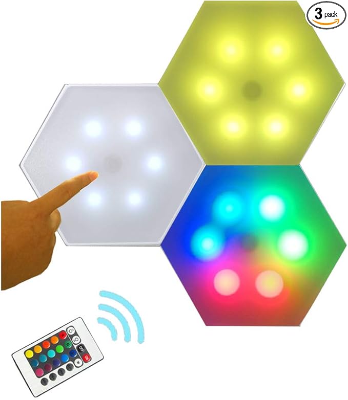 QLEE Smart Hexagon LED Lights Remote DIY Geometry Hex Light Touch Sensitive RGB Colorful Wall-Mounted Panels Puck Light for Bedroom Living Room Hallway Party Celebration Decor Night Light (3 Pack)