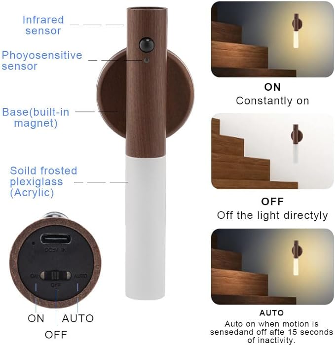 LANDGOO LED Magnetic Wall Sconces Lights Automatic Motion Sensor Wireless Wall Mounted Lamp Rechargeable Battery Operated Indoor 360° Rotation for Bedroom Living Room (Black Walnut Wood 1PC)