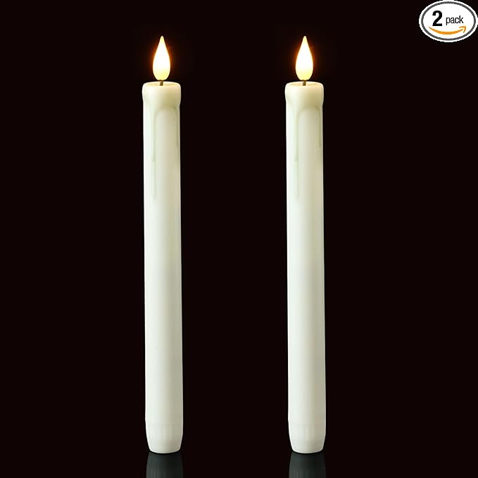 Homemory 2 Pack Flameless Taper Candles, No Remote, Realistic Flickering Battery Operated Candlesticks, White LED Plastic Candle Safe for Weddings, Table Decor, Christmas, and Halloween