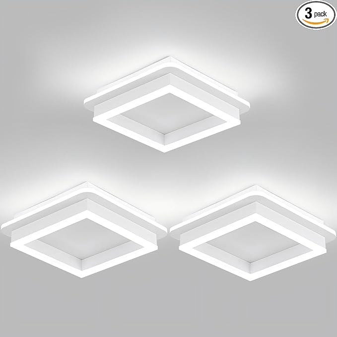 CANEOE 3 Packs Square Flush Mount Ceiling Light, 6000K Black Modern LED Ceiling Light Fixture, Minimalist Hallway Lighting Fixture Ceiling Lamp for Hallway Entryway Bedroom Balcony (White)