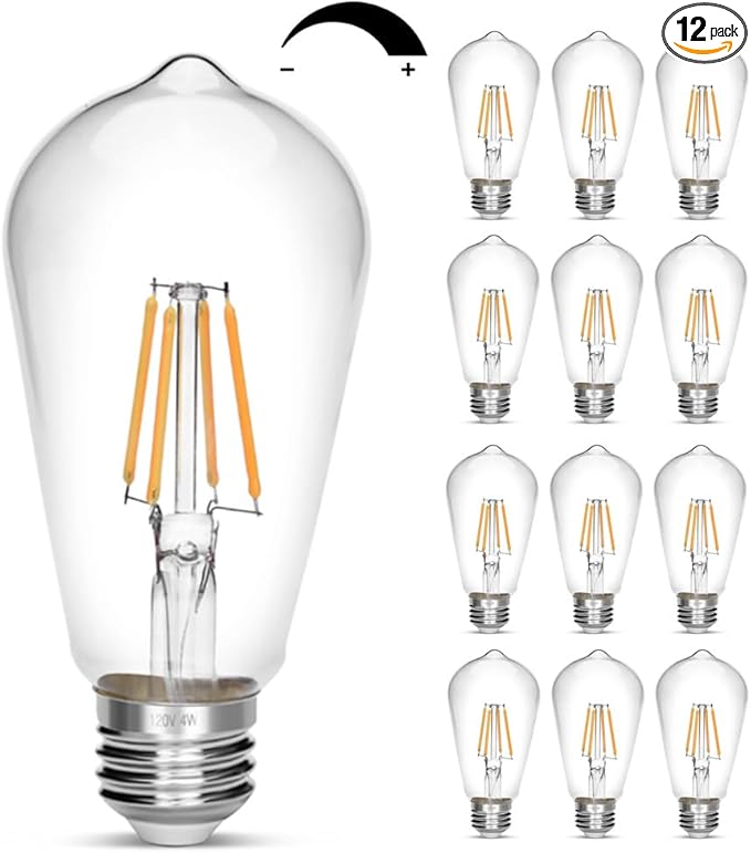 Dimmable Vintage Edison Bulb 4W,Equivalent 40W Incandescent,ST18 Antique LED Filament Bulbs,2700K Warm White 450 Lumens,E26 Led Bulb,Pack of 12