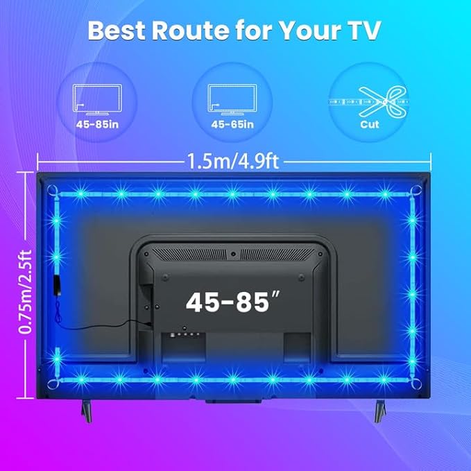 VOLIVO LED Lights for TV, 15FT Led Backlight for 45-65 inch TVs, Bluetooth RGB LED Lights Behind Television with Remote, USB Powered, Color Changing, Music Sync, for Gaming Room,Desk,Under Table