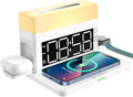 IHAO 6in1 Smart Alarm Clock with Wireless Charger RGB Mood Light 15W Fast Wireless Charging for All Qi Phone TWS Headphone Compliant with i-Watch 7 Color Night Light Large Digital Display-White