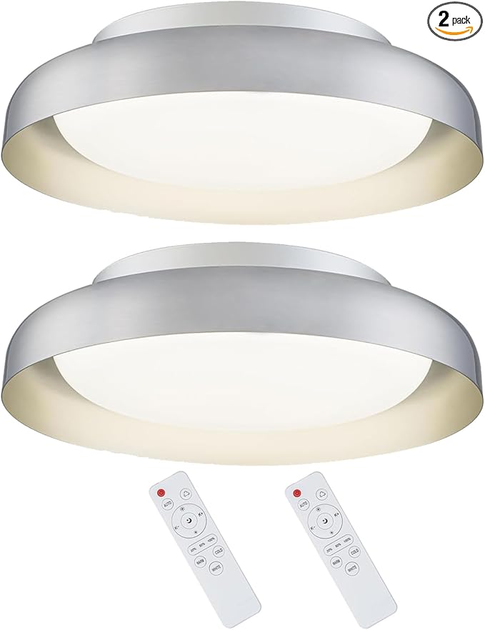 Ken & Ricky Flush Mount Ceiling Light Fixture, Led Dimmable 24w for Bedroom Kitchen Bathroom Laundry Hallway Entryway,Remote Control (Brushed Nickel,12Inch,2PK)