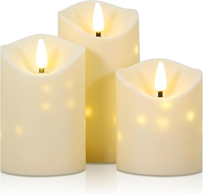 uuffoo Flameless Candles with Timer 3Pc Battery Operated Flickering Pillar Candle w/Remote, 3D Wick Acrylic LED Pillar Candles for Halloween Christmas Home Decoration (Ivory)