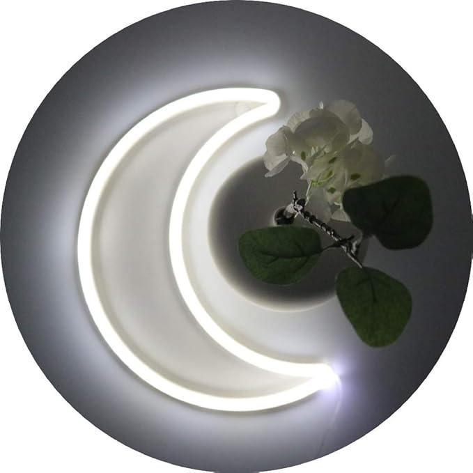 LED Cool White Moon Neon Light, Cute Neon Moon Sign,Christmas Room Decor Battery or USB Powered 5V Art LED Decorative Lights Night Lights Indoor for Home, Bedroom, Office,Dorm,Party (Cool White Moon)