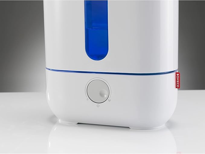 BONECO 1 Gallon Whisper Quiet Cool Mist Ultrasonic Humidifier for Large Room with LED Light, Control Knob, and Essential Oil Holder, White