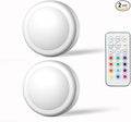 SFMSMOks Ratterv Oneratedl FD Puck liahts with Wireless Remote,13 Color RGB -for Closet, Bedroon Wal, Under Cabinet, Battery Powered Push Lights.Convenient 3M Stick On (White,2-Packs)