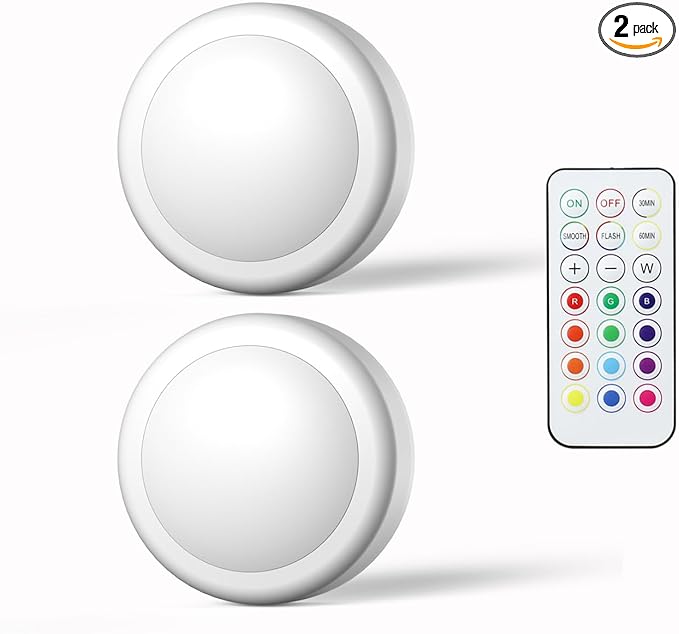 SFMSMOks Ratterv Oneratedl FD Puck liahts with Wireless Remote,13 Color RGB -for Closet, Bedroon Wal, Under Cabinet, Battery Powered Push Lights.Convenient 3M Stick On (White,2-Packs)