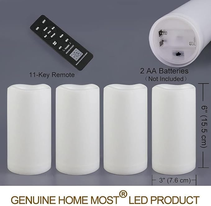 4-Pack Multicolor 3x6 Outdoor LED Pillar Candles with Timer and Remote - IP64 Waterproof Color Changing LED Pillar Candles - Battery Operated Flickering Flameless Candle Unscented