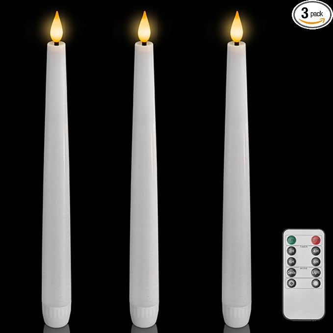 Homemory 3 Pcs Waxy Flameless Taper Candles with Remote, Led Flameless Candlesticks Classic Tall Candles, Flickering Battery Operated Taper Candles for Bedroom, Dining Room, White, 9.6 inches