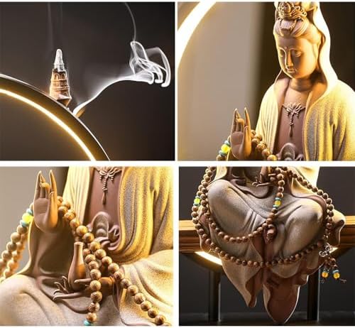 LED Ring Light Ceramic Buddha Incense Burner - Bonsai Tree Decorative Figurine for Home & Office, Unique Indoor Decor, Relaxation and Meditation Essential