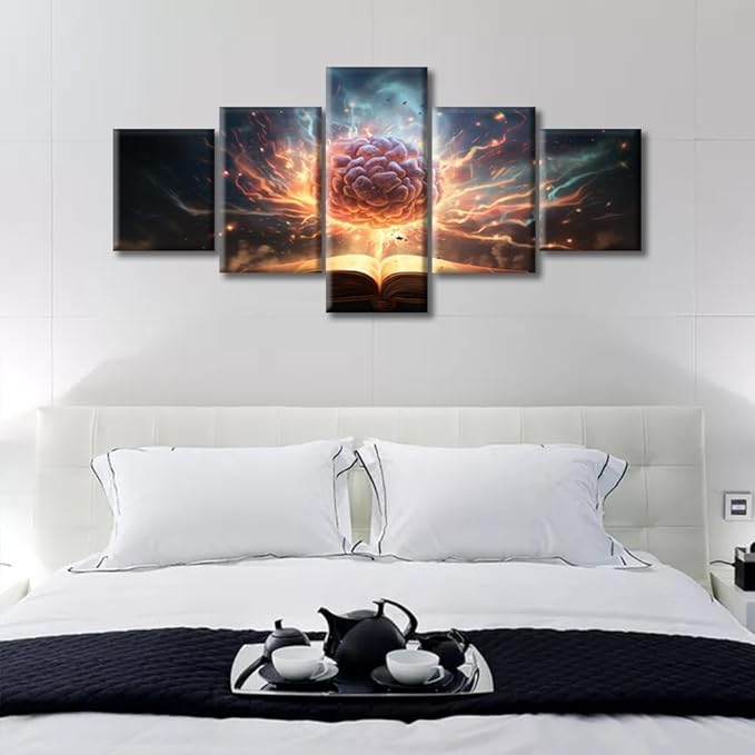Abstract Human Brain Canvas Art Wall Decor Brain in Book Bedroom Wall Art Human Brain Energy Pictures for Living Room Modern Wall Art Framed Ready to Hang (50"Wx24"H)