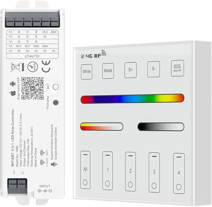 BTF-LIGHTING WR01RF Wireless 2.4G RF 4 Zones RGB RGBW RGBCCT Wall Mounted Smart Panel Remote, WB5 2.4GHz WiFi PWM LED Controller Compatible with Alexa Google Home Smart Life Tuya Smart APP Control