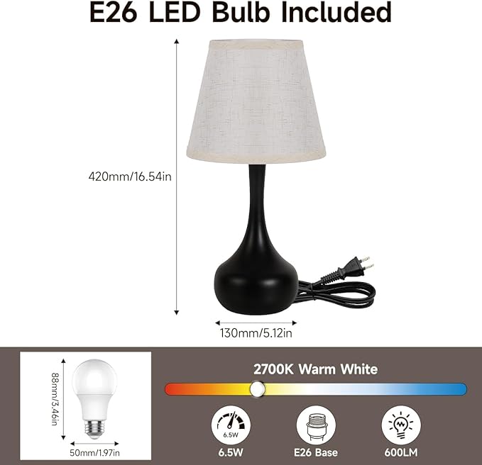 Touch Table Lamp for Bedroom Set of 2, Farmhouse 3-Way Dimmable Table Lamps for Nightstand with Fabric Shade, Lamps for Living Room，Desk Lamps for Home Office, Black Lamp for Bedroom