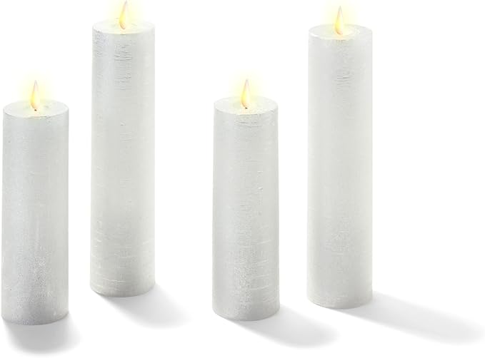 LampLust Flickering Flameless Candles, Set of 4 Silver Pillar Candles, Battery Operated, Romantic Candles, Great for Proposal Decorations, Wedding Centerpieces, Enchanted Forest Decorations