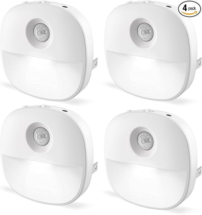 Lyridz Plug in Night Light with Motion Sensor and Dusk to Dawn Sensor, Dimmable Cool White Nightlight with 1-50lm Adjustable Brightness for Bedroom, Bathroom, Stairs, Hallway, 4 Pack