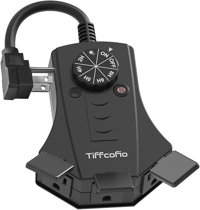 TiFFCOFiO Outdoor Timer Outlet, Dusk to Dawn Light Sensor Timer Weatherproof, 3 Grounded Outlets for Halloween and Christmas Lights, 15A 1/2HP, ETL Listed