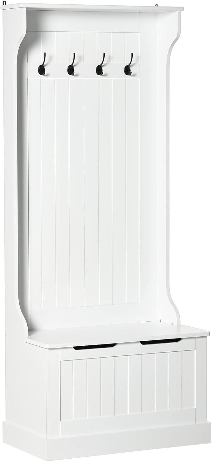 HOMCOM Hall Tree with Bench and Shoe Storage, 3-In-1 Entryway Bench with Coat Rack, 4 Hooks and Flip Top Storage Compartment, White