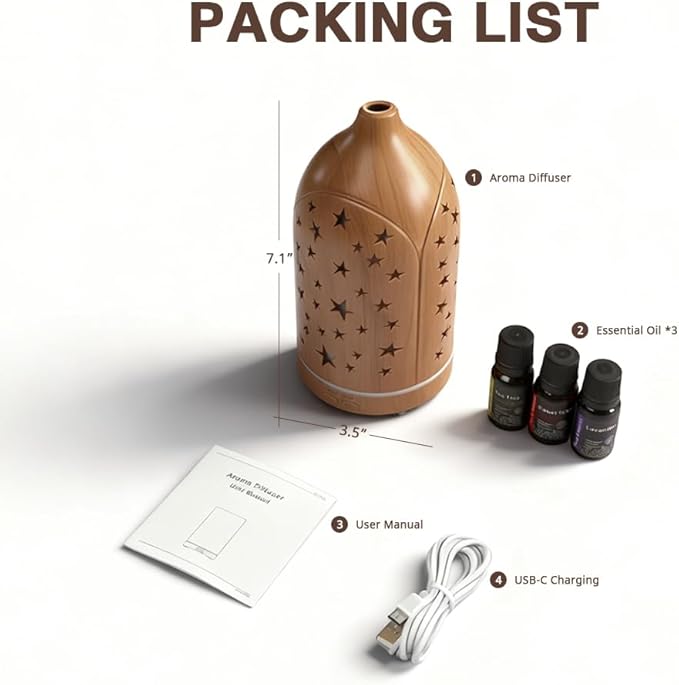 Essential Oil Diffuser,7.1''x3.5'' Diffusers with 3 Aromatherapy Oils Set,Small 200ml Desk Humidifier with 7 LED Colors Night Lights,Waterless Auto-Off for Office Home Decor Gift (Star)
