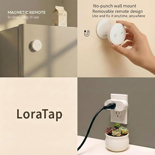 LoraTap Wireless Outlet - Ergonomic Round Remote (Comfort Grip!) + Magnetic Wall Base - Stick & Grab, No Wall Damage - 15A/1875W 100ft Range - Control for Hard-to-Reach Sockets, No More Bending