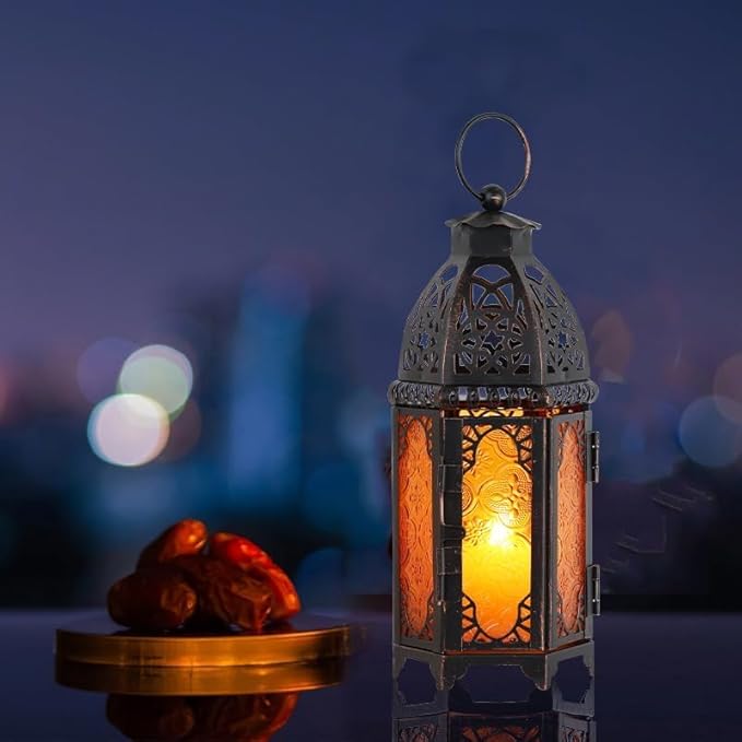 DECORKEY Moroccan Lanterns Decorative Indoor & Outdoor, 11’’ Medium Size Vintage Metal Hanging&Tabletop Candle Holder Decor, Halloween Christmas Ramadan Decorations for Home Porch Patio (Amber)