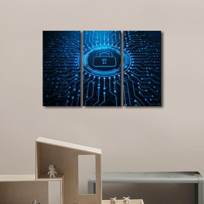 3 Pieces AI Intelligence Wall Art Lock Picture Prints on Canvas Giclee Artwork Wall Decor Security Lock Symbol Framed Art Prints Modern Home Office Room Wall Decor Stretched Ready to Hang, 36" Wx24 H