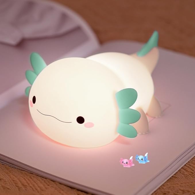 Cute Axolotl Night Light for Kids Bedroom, Animal Silicone Nursery Night Lamp Touch Control Nightlights USB Rechargeable Bedside Lamp for Baby Children Toddlers Girls Gift (Green Axolotl)