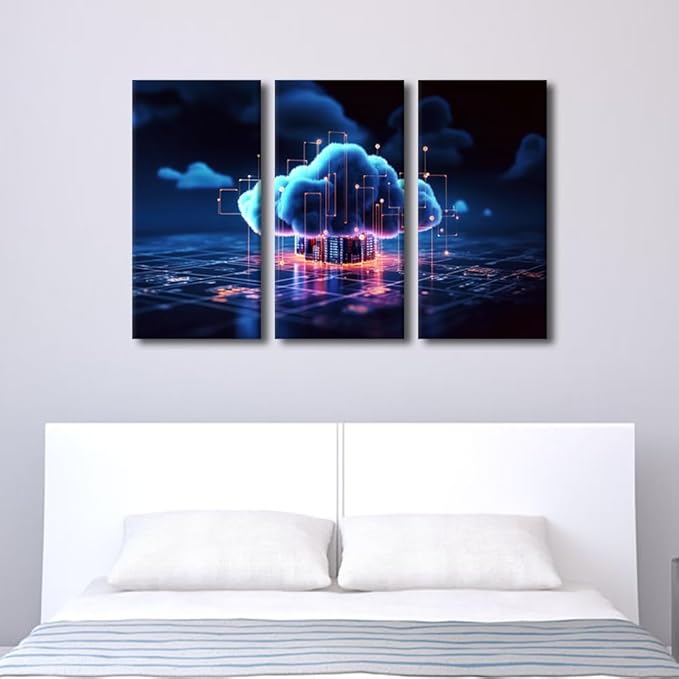 TUMOVO 3 Panel Modern Wall Art Cyber Security and Data Protection Concept Print on Canvas Wall Art for Living Room Bedroom Decoration Cloud Networking Artwork Framed Ready to Hang, 36" Wx24 H