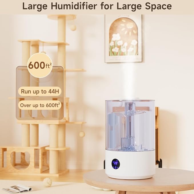 Large Room Humidifier for Bedroom Home 7.8L, Covering 600 ft², Top Fill Cool Mist Ultrasonic Air Humidifier with Essential Oil Diffuser, Whisper Quiet, Dual Mist, 44H Runtime & Timer Function