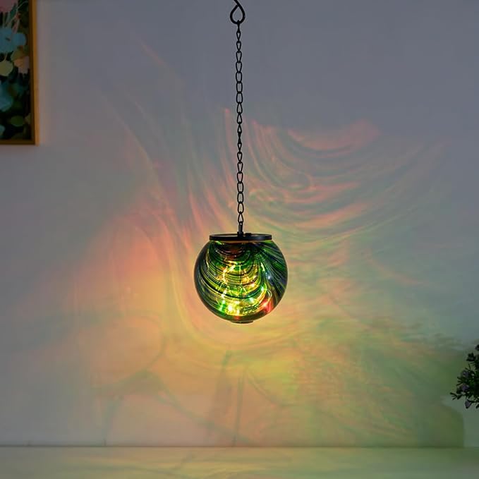 Solar Hanging Lanterns Outdoor, Waterproof Solar Gazing Ball Lights, Color Changing Led Glass Globe Lights for Garden Yard Tree Party Decor, Green Swirl