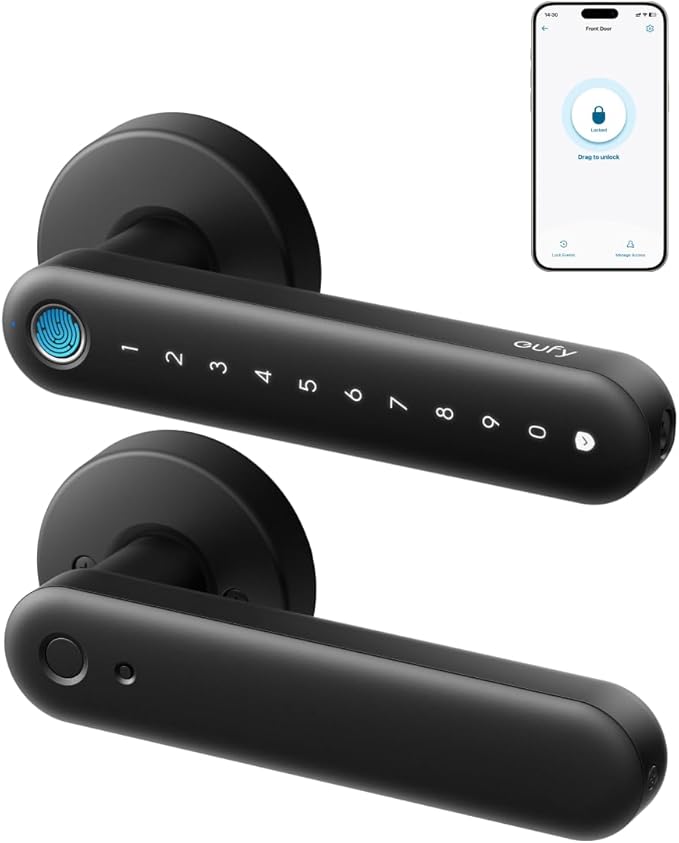 eufy Security Smart Lock FamiLock C32, Fingerprint Keyless Entry Door Lock with Handle for Interior Doors, Built-in Wi-Fi (2.4 GHz Only), App Control, Auto Lock, 4 AA Batteries, Alexa/Google