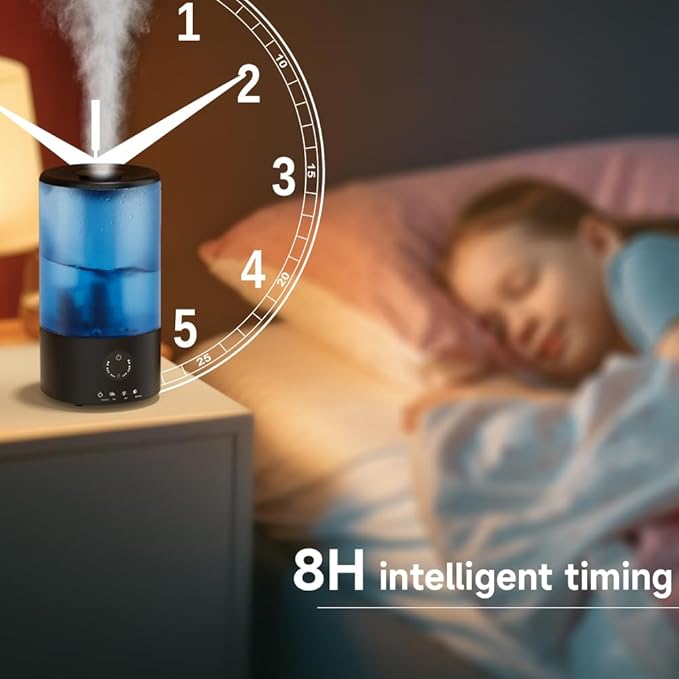 Humidifiers for Bedroom, 3.2L Quiet Ultrasonic Cool Mist Humidifier with 360° Nozzle, 18H Runtime, Timer (1/2/4/8H), Auto Shut-Off, 7-Color RGB Light, Adjustable Mist, for Home, Nursery & Plants