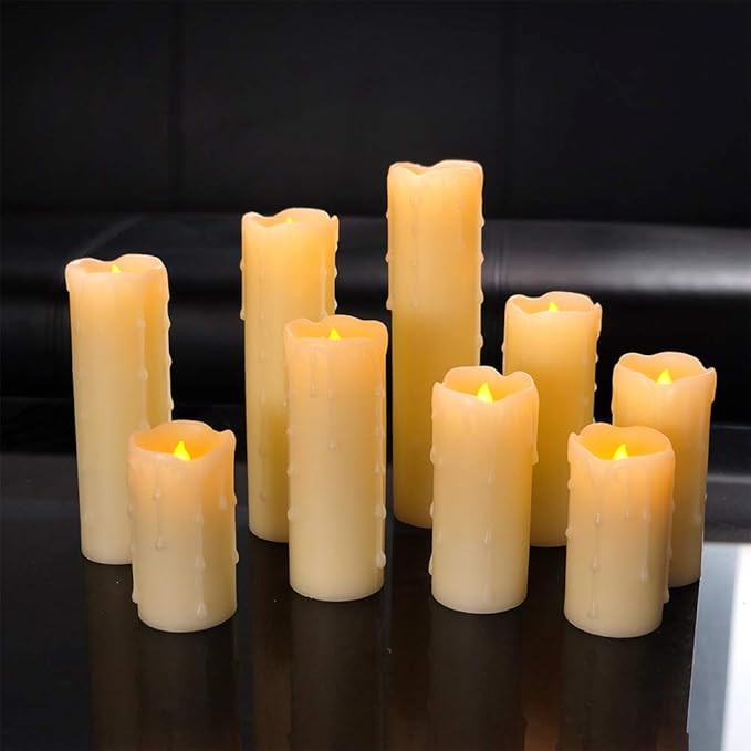 DRomance Flameless Flickering Candles Battery Operated with Remote and Timer, Set of 9 Dripping Real Wax Warm Light LED Pillar Candles for Holiday, Christmas Decoration(Ivory, 2.2" D x 4"-9" H)