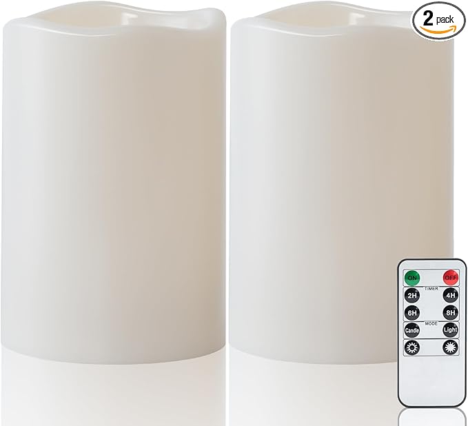 Amagic 2 Pack 6" x 4" Outdoor Plastic Electric flameless Candles with Remote Control and Timer, Battery Operated Flickering LED Pillar Fake Candle for Home, Wedding Decor, Ivory