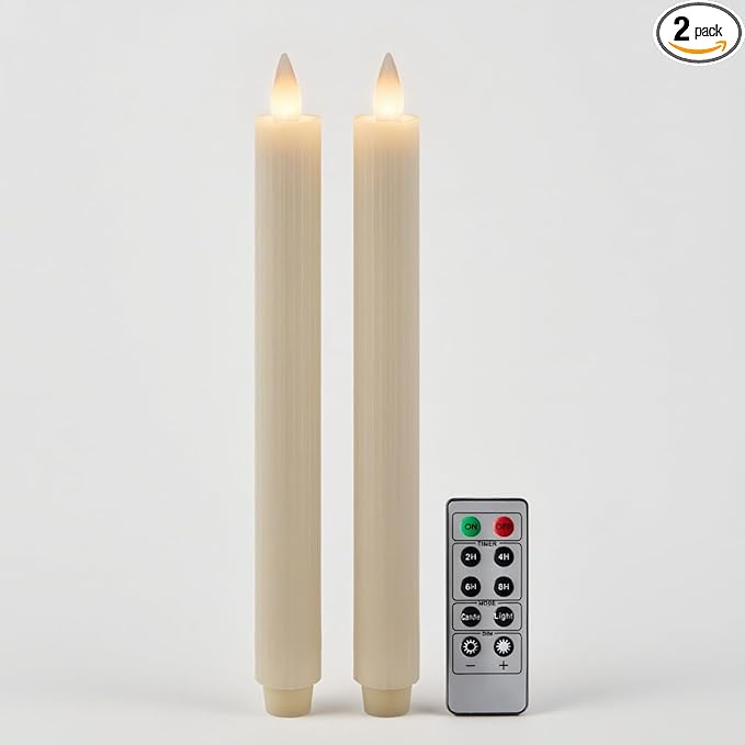 Flameless Taper Candles Flickering with Remote and Timer, 3D Moving Flame Taper Candle Battery Operated to 400 Hours, 9 Inch Window Candles, (Ivory-Vertical Stripes)